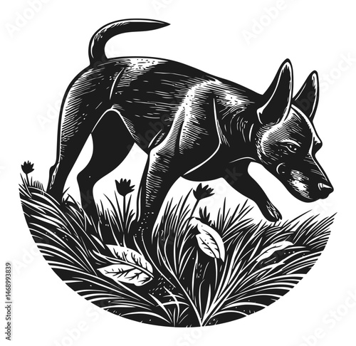 Detailed Vector Illustration of a Playful Dog Surrounded by Nature Elements