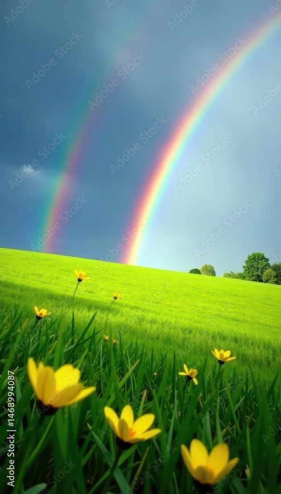 Naklejka premium Two brilliant rainbows spanning lush grassy field, yellow flowers blooming below , double rainbow, idyllic