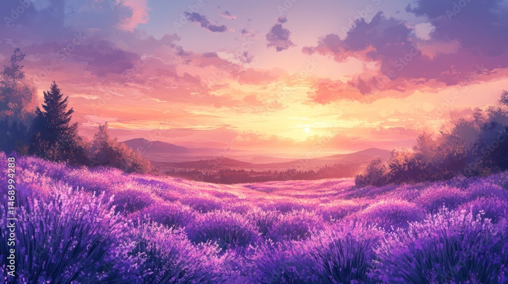 Obraz premium Lavender Field at Sunset Painting