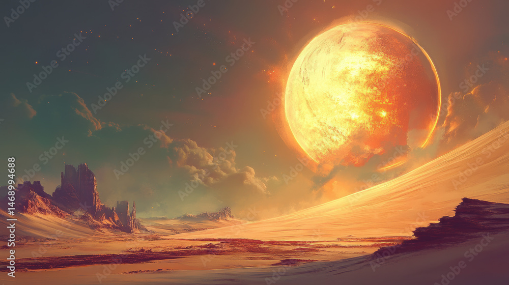 Fototapeta premium Surreal alien landscape with massive glowing sun burning in the sky over barren rocky terrain with dramatic clouds and distant mountain formations in a fantasy world scene
