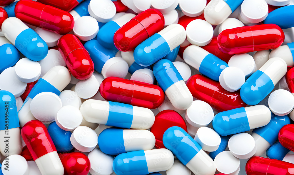 Assorted red, white, and blue pills and capsules in a close-up, overhead shot, filling the frame Assorted red, white, and blue pills and capsules in a close-up, overhead shot, filling the frame