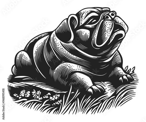 Detailed Vector Illustration of a Relaxed Bulldog in Black and White