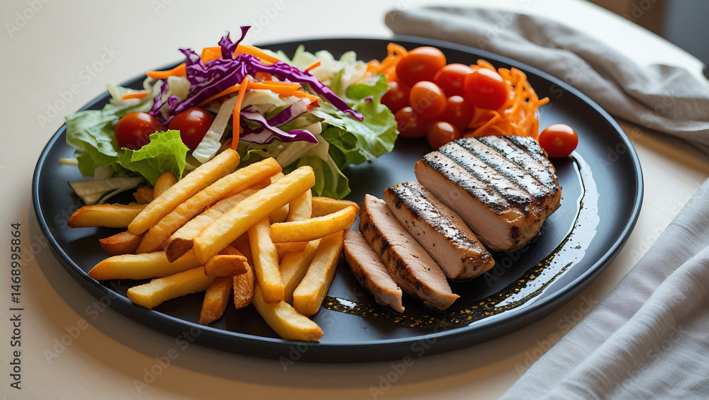 Grilled chicken steak with golden fries and fresh salad on black plate. Casual 45° cafe-style shot perfect for restaurant menus and food blogs Grilled chicken steak with golden fries and fresh salad on black plate. Casual 45° cafe-style shot perfect for restaurant menus and food blogs