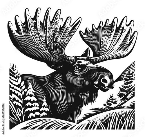 Detailed Moose Illustration with Majestic Antlers in Natural Landscape