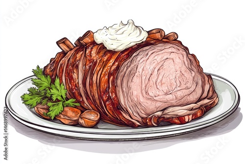 Roast Pork Crown Delicious Dinner with Creamy Topping with Parsley on White Plate.