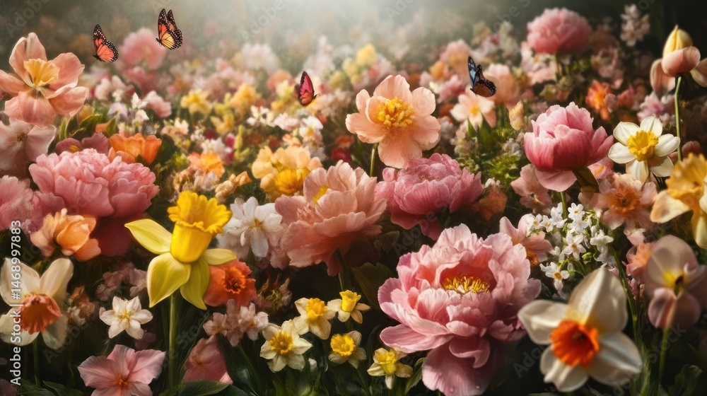 Colorful flower field with butterflies; spring scene; image for nature lovers; suitable for prints Colorful flower field with butterflies; spring scene; image for nature lovers; suitable for prints