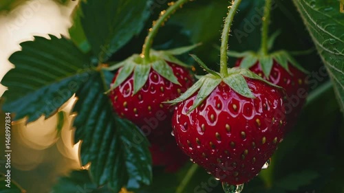Close-Up of Ripe Strawberries Growing on a Vine, hanging on Branch in Warm Sunlight , God Rays Light, Golden Hour 