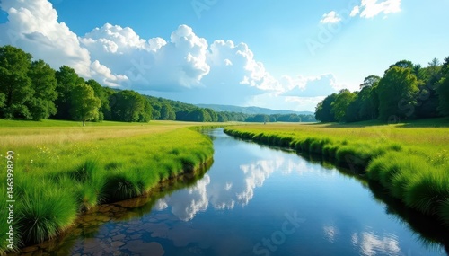 Wide Ehle River flows under vast blue sky Green meadows meet distant woodland , scenic, stock photo, green