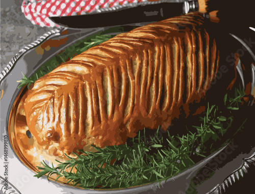 Beef Wellington vector illustration. Realistic gourmet dish with golden puff pastry and beef tenderloin. Perfect for restaurant menus, recipe books, and culinary design projects.