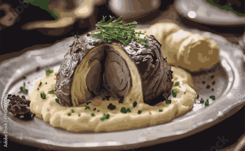 Beef Wellington vector illustration. Realistic gourmet dish with golden puff pastry and beef tenderloin. Perfect for restaurant menus, recipe books, and culinary design projects.
