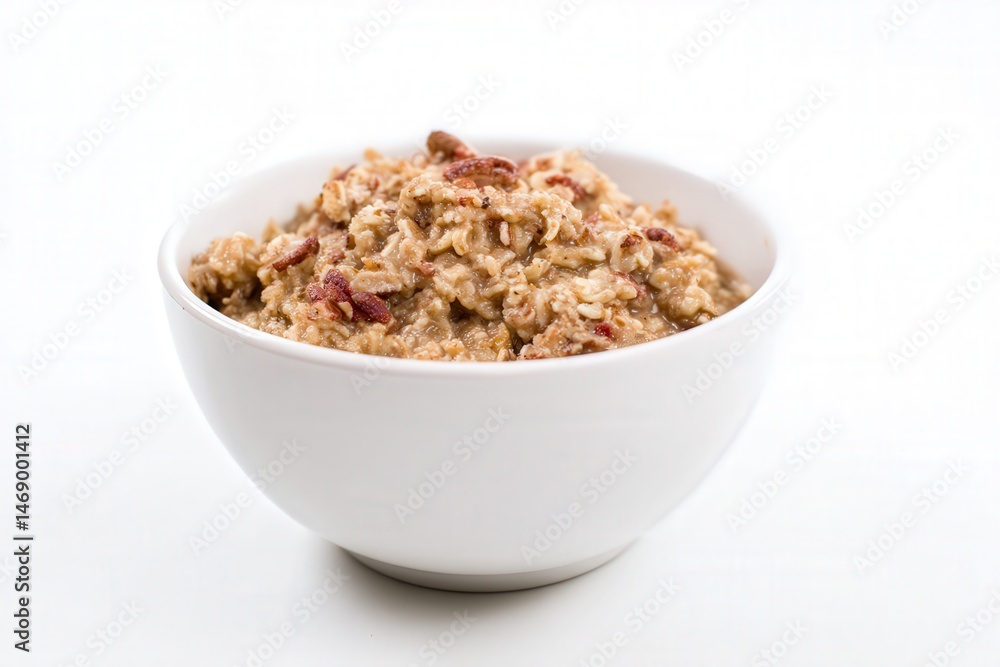 Bowl of oatmeal with pecans and cinnamon on white background
Bowl of oatmeal with pecans and cinnamon on white background