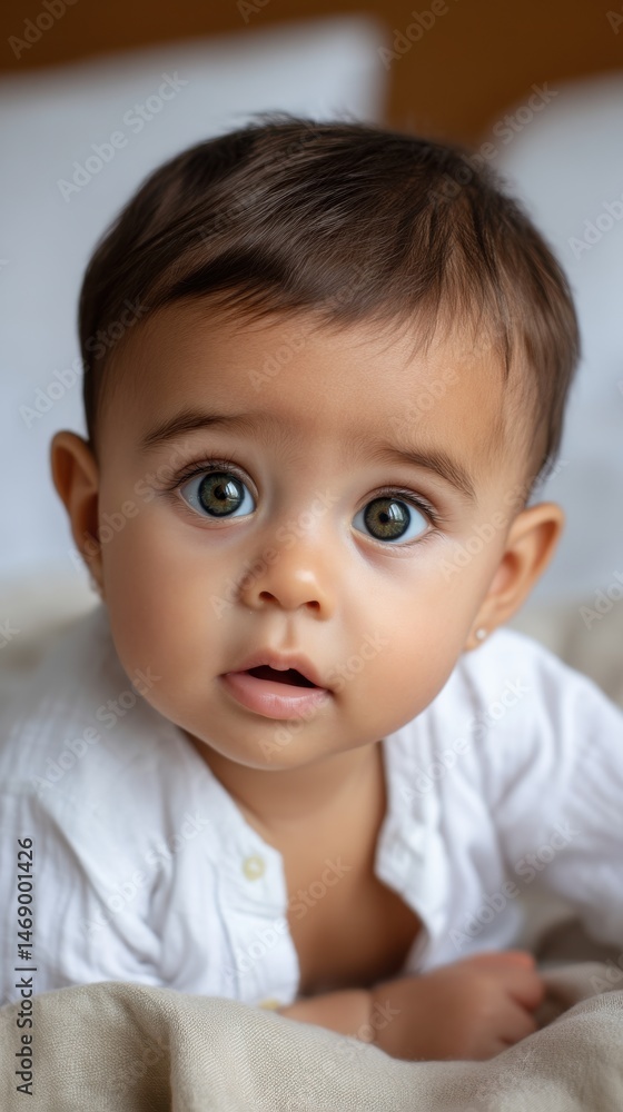 Adorable Baby with Big Eyes Lies on Blanket Looking at Camera with Innocent Expression Adorable Baby with Big Eyes Lies on Blanket Looking at Camera with Innocent Expression