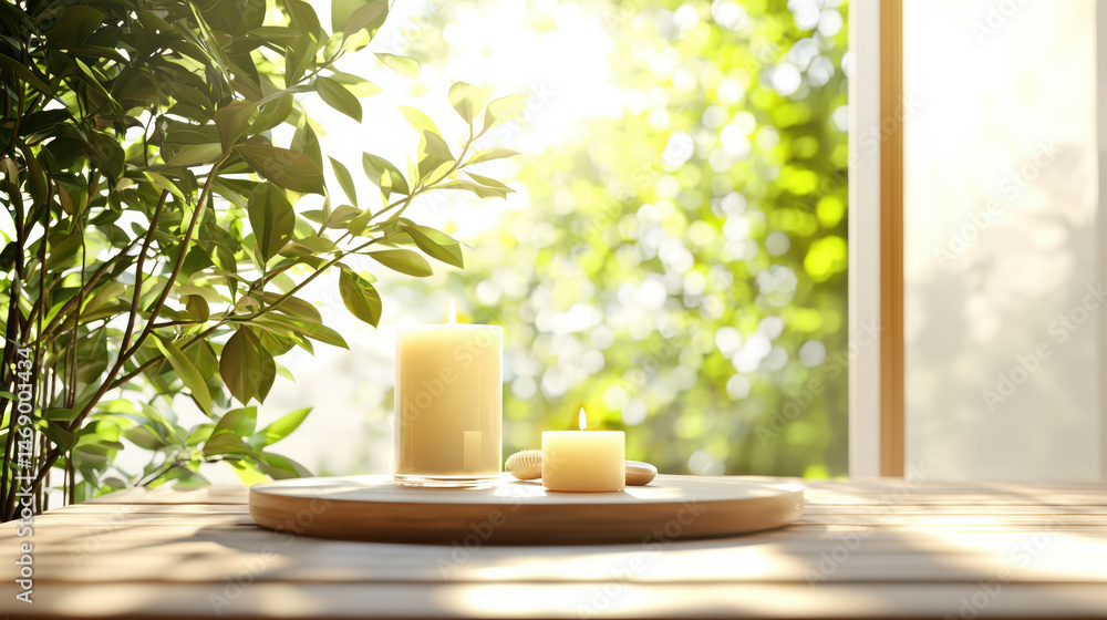 Soothing spa room with natural healing elements, featuring candles and greenery, creating tranquil atmosphere Soothing spa room with natural healing elements, featuring candles and greenery, creating tranquil atmosphere
