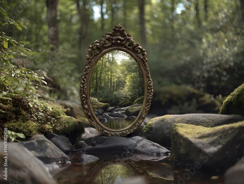 A forest scene with an ornate, antique - style mirror placed on rocks, reflecting the surrounding trees and stream, creating a surreal and magical effect.