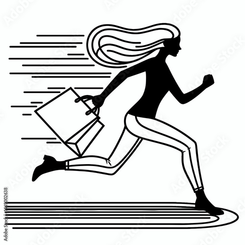 Woman running with shopping bags on a Black Friday sale  