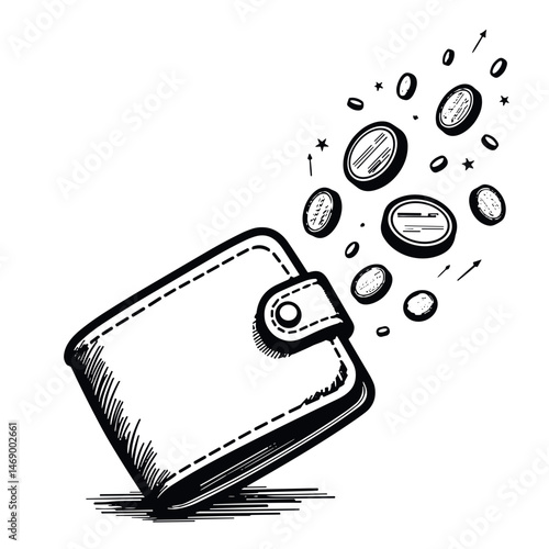 Wallet with coins flying away in a sketched design  