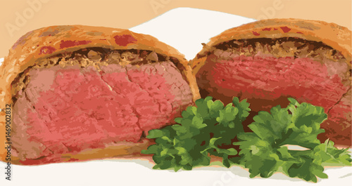 Beef Wellington vector illustration. Realistic gourmet dish with golden puff pastry and beef tenderloin. Perfect for restaurant menus, recipe books, and culinary design projects.