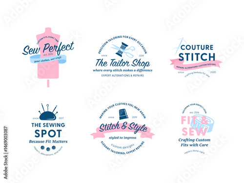 Atelier couture clothes sewing fashion attire design calligraphy logo template set vector flat