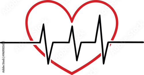 Heartbeat with pulse wave inside a red heart, medical illustration symbolizing health.