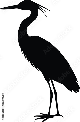  Black silhouette of a heron standing gracefully.
