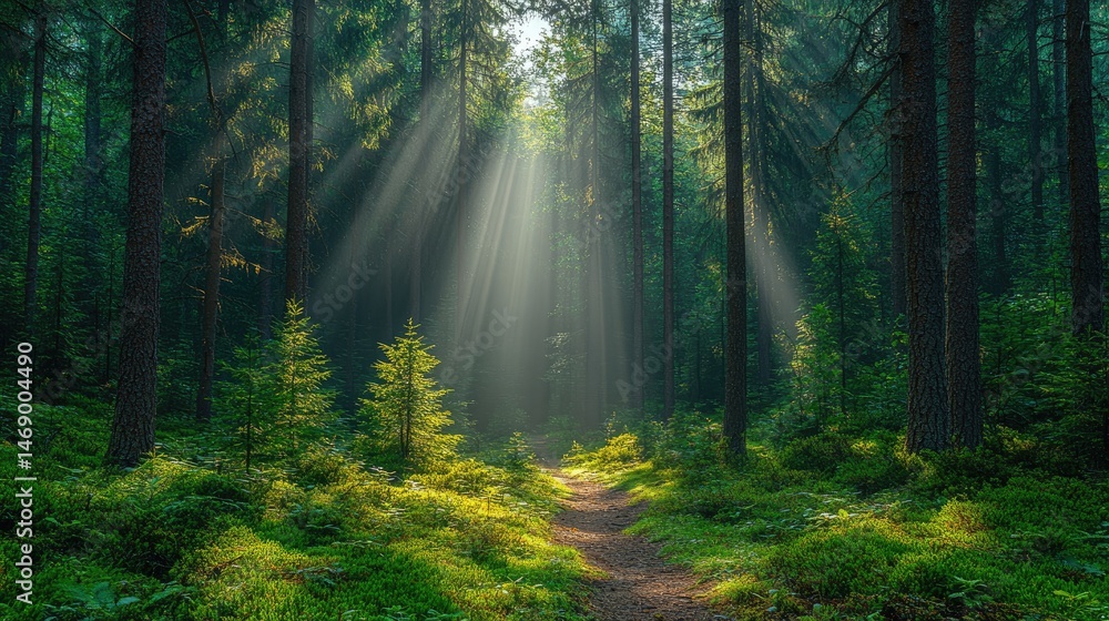 Obraz premium Sunlight streams through a dense forest path