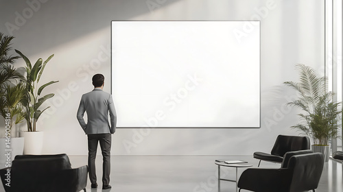A man stands in front of a large white wall, looking at it