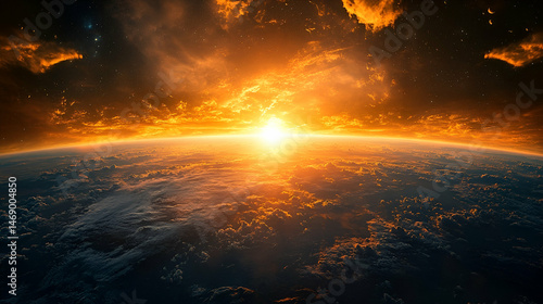Dramatic sunrise over planet earth seen from space.