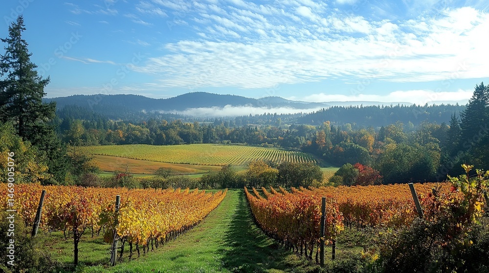 Naklejka premium Sun-drenched vineyards & orchards panoramic harvest vista, sky view wine farm rows, calm rural hills