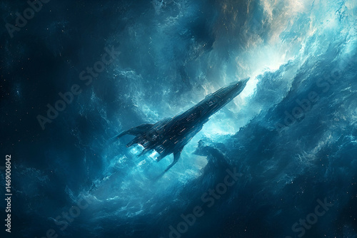 Dark spaceship navigating a swirling nebula.