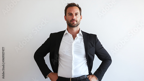 A man in a suit and white shirt stands with his arms crossed