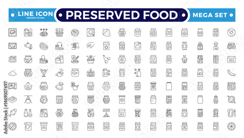 Preserved food outline icons. Fast food vector icon line set. Burger sandwich pizza hot dog cola coffee sweets. Editable stroke outline icon. 
