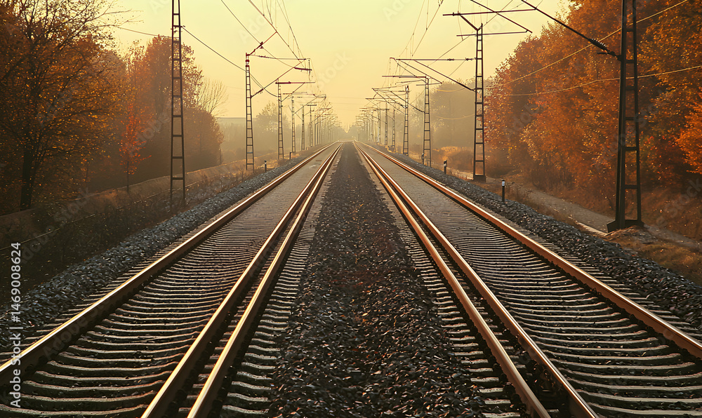 Fototapeta premium Misty sunrise over empty railway tracks through autumnal trees