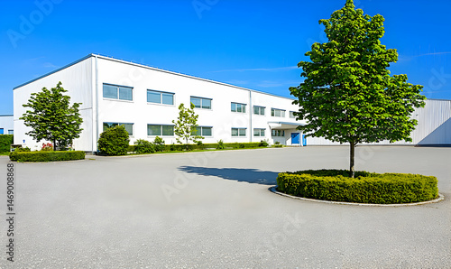 Modern white factory building exterior with paved parking lot and landscaping on sunny day