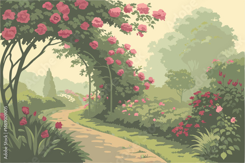 184 a beautiful lush garden with pink roses, flowering plants, and a winding path through the greenery, in the style of an impressionist painting, vibrant colors, soft lighting, dreamy atmosphere, hig