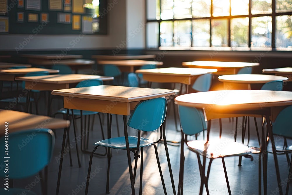 Classroom with sunlight streaming through window. Empty desks and chairs Classroom with sunlight streaming through window. Empty desks and chairs