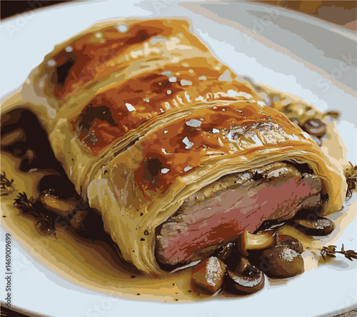 Beef Wellington vector illustration. Realistic gourmet dish with golden puff pastry and beef tenderloin. Perfect for restaurant menus, recipe books, and culinary design projects.