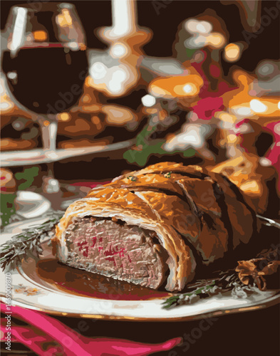 Beef Wellington vector illustration. Realistic gourmet dish with golden puff pastry and beef tenderloin. Perfect for restaurant menus, recipe books, and culinary design projects.
