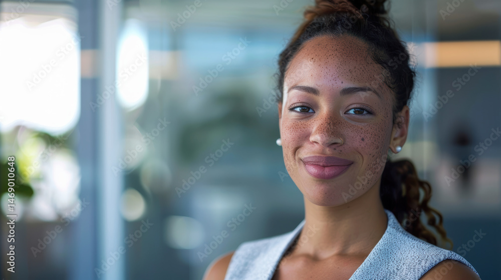 Confident young woman smiling and looking at camera in modern indoor environment with natural light and blurred background, expressing positivity and friendliness Confident young woman smiling and looking at camera in modern indoor environment with natural light and blurred background, expressing positivity and friendliness