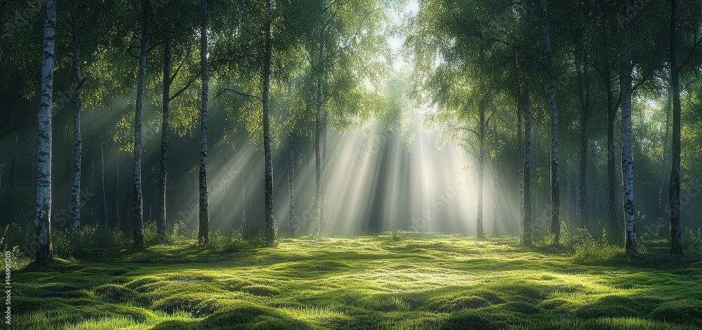 Fototapeta premium Sunbeams Illuminating a Mystical Birch Forest