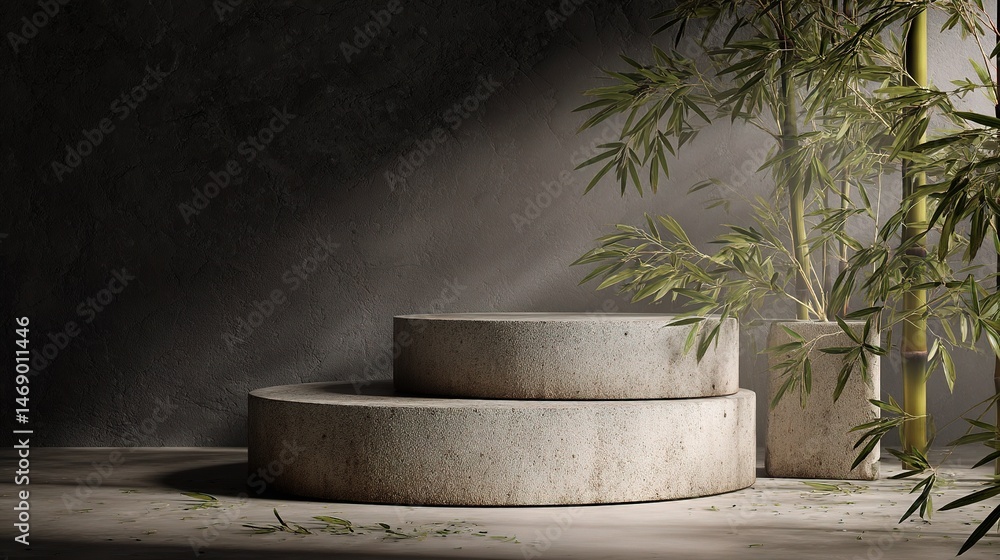 Fototapeta premium Textured Stone Podium with Bamboo Accents in Soft Natural Light