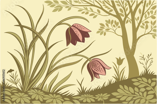 185 detailed botanical illustration, rich colors, realistic floral motifs, dense foliage, lush undergrowth, organic textures, intricately patterned background, whimsical natural elements, vibrant wild