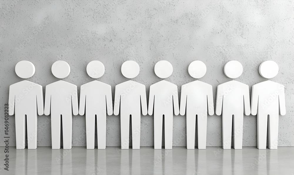 Row of generic white figures standing against a concrete wall Row of generic white figures standing against a concrete wall