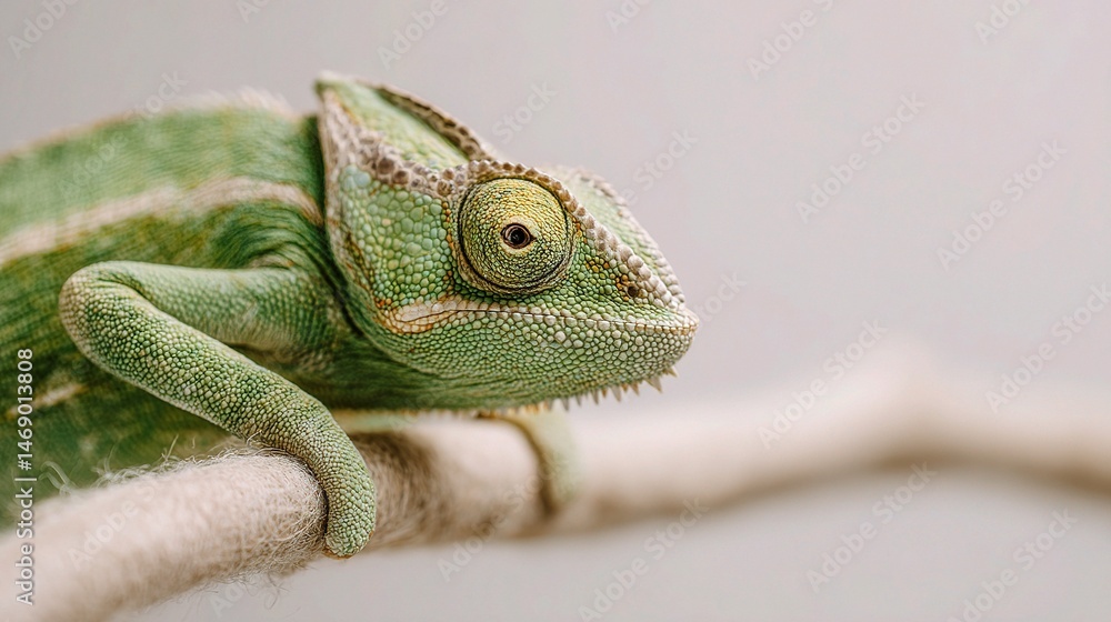 Fototapeta premium Close-Up Portrait of a Green Veiled Chameleon on a Branch