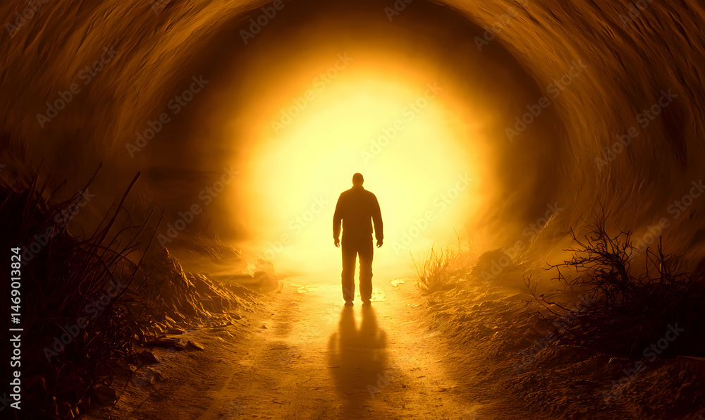 Fototapeta premium Silhouette of person standing at end of dark tunnel, bathed in bright golden light, creating mysterious atmosphere