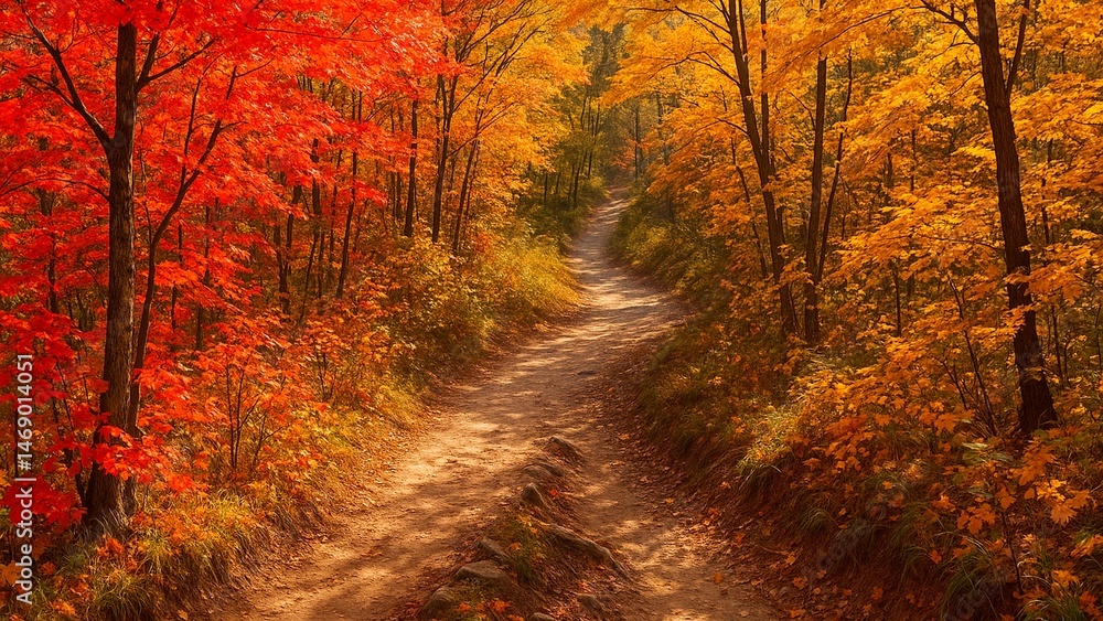 Obraz premium 紅葉の登山道と秋の陽光