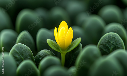 Single vibrant yellow flower blossoms amidst a field of dark green leaves, symbolizing growth and uniqueness