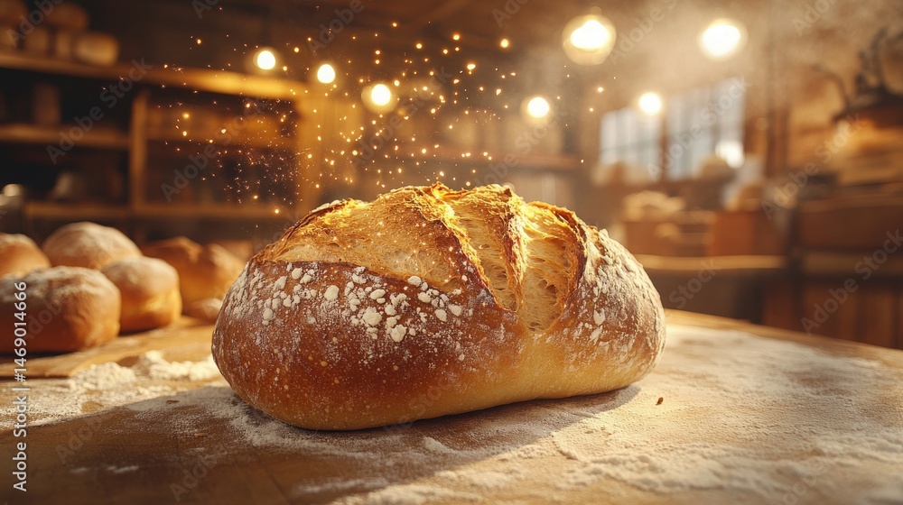 Golden Crusty Sourdough Bread in Rustic Bakery Setting