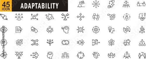 Adaptability editable outline icon set. Flexibility, change, innovation, resilience, mindset, brainstorming, agility, problem-solving and teamwork.
