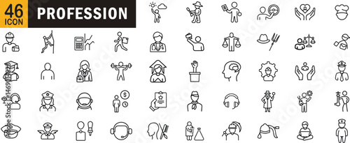 Profession editable outline icon set. Occupations, jobs, careers, roles, employment types, medical, law, science, service, education and more.