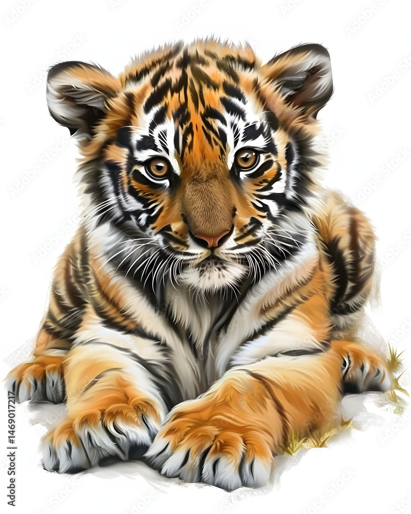Fototapeta premium Realistic Baby Tiger Lying Down on White Background